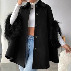 Faux fur Cuff Raglan Sleeve Borg Collar Black button down Overcoat Jacket